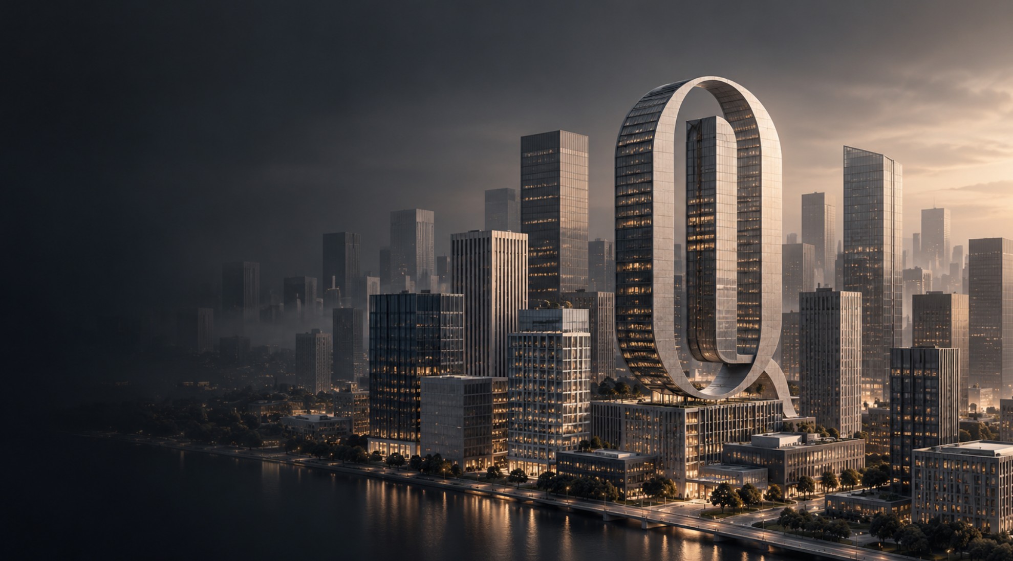 An original city skyline with an office building inspired by the IQONIC monogram